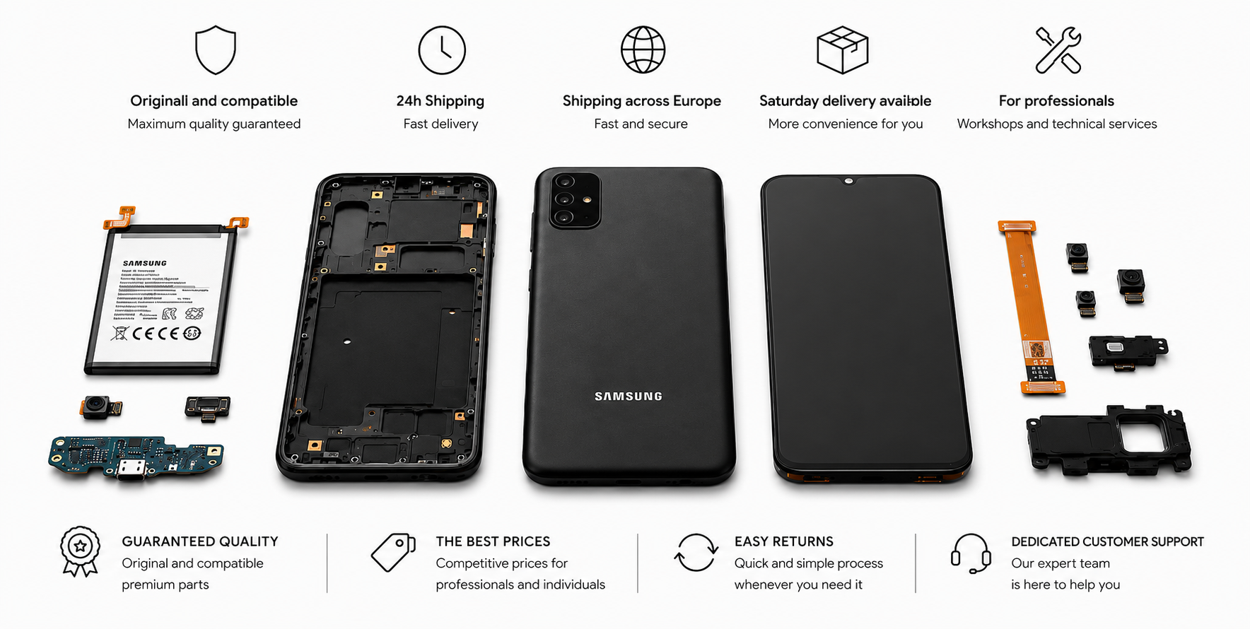 Original and compatible Samsung Galaxy spare parts including screens, batteries, charging ports, cameras, components and accessories with fast delivery across Europe